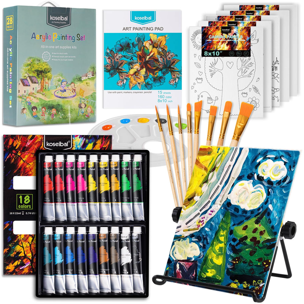 Koseibal acrylic paint set with 18 colors for budding artists to blend.