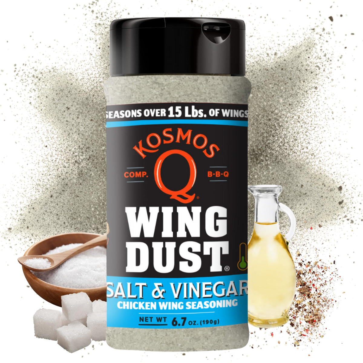 Kosmos Q Salt & Vinegar Wing Dust bottle on counter ready to flavor wings