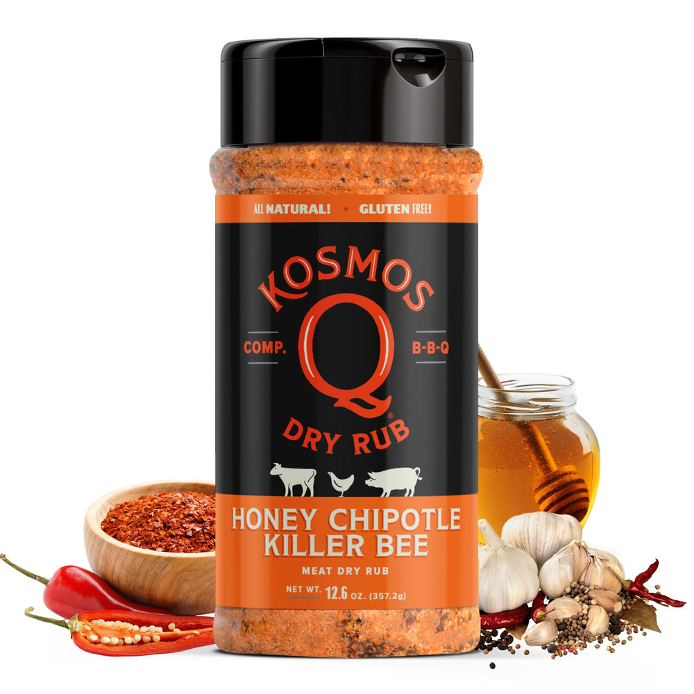 Kosmos Q Honey Chipotle Killer Bee rub bottle ready for flavorful grilling.