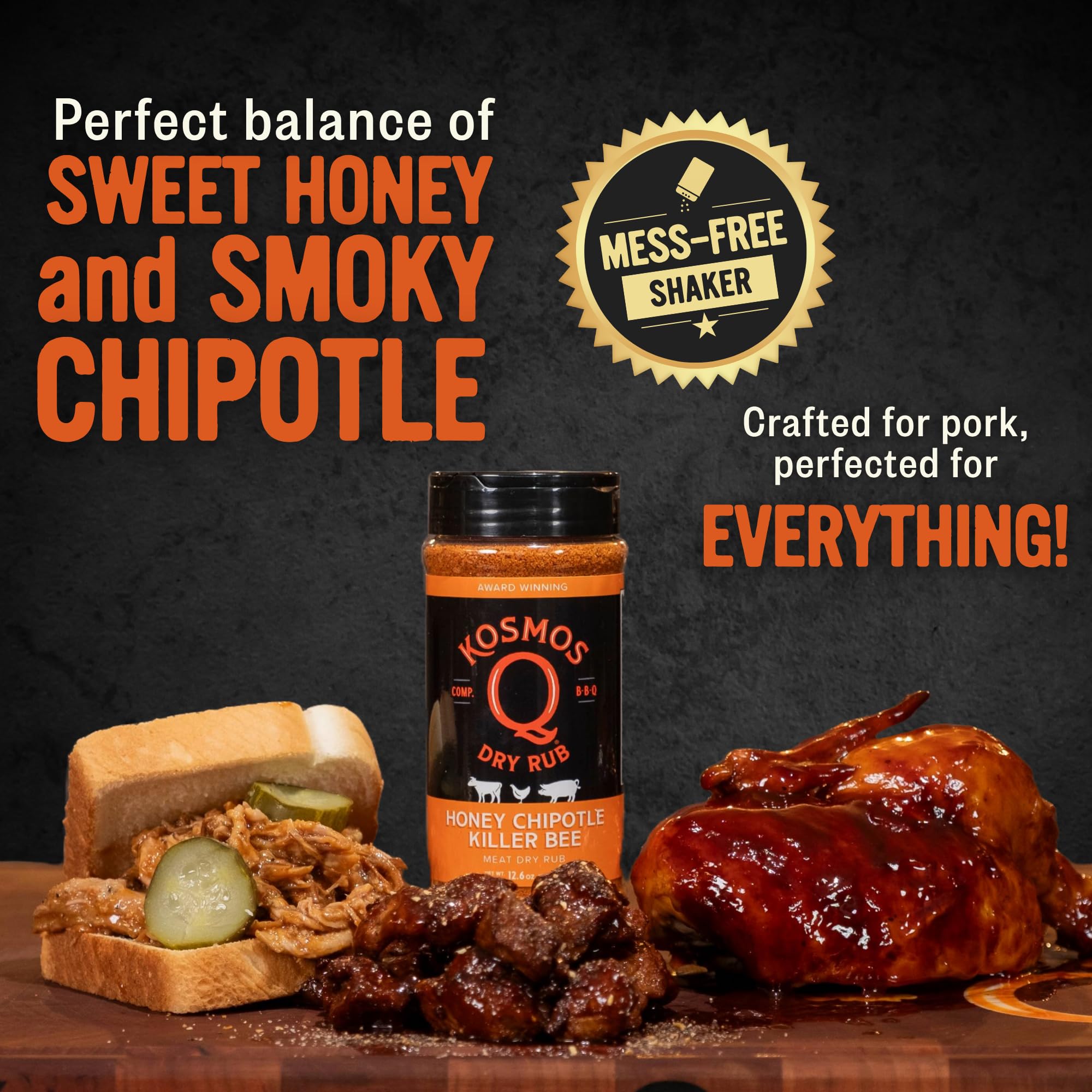 Kosmos Q Honey Chipotle Killer Bee rub on chicken for savory crust.