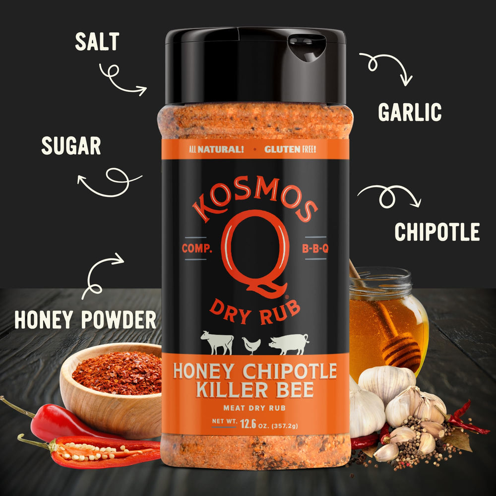 Kosmos Q Honey Chipotle Killer Bee rub on pork ribs for bold flavor.