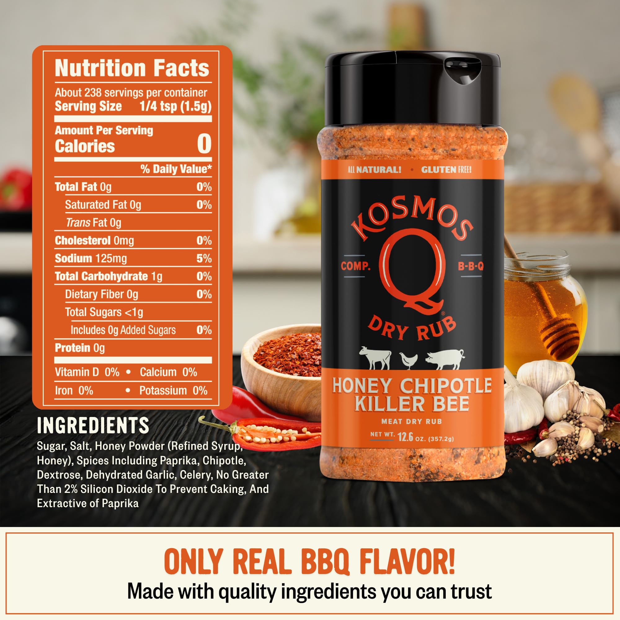 Kosmos Q Honey Chipotle Killer Bee rub shaker for even coverage.