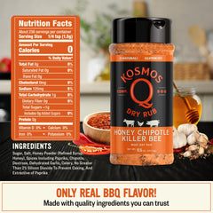 Kosmos Q Honey Chipotle Killer Bee rub shaker for even coverage.