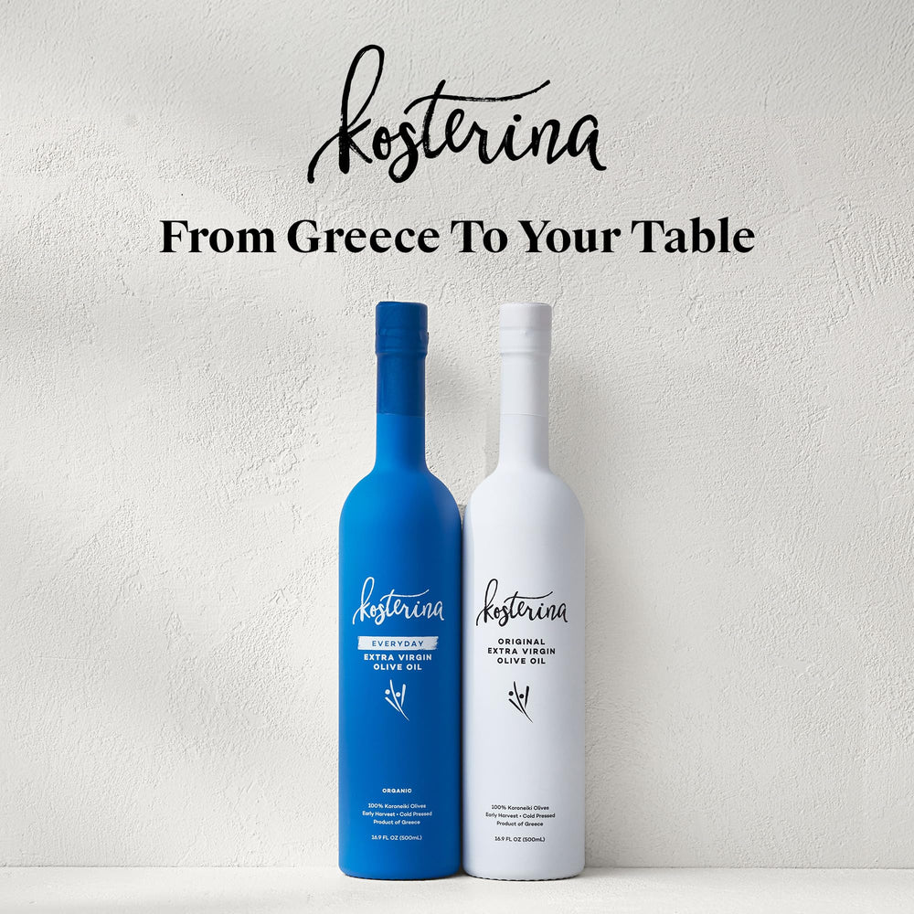 Kosterina Greek EVOO label emphasizing single-origin tradition.