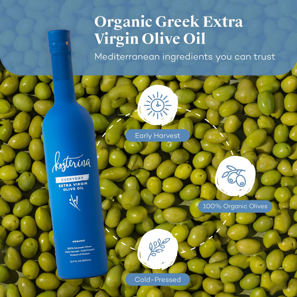 Kosterina olive oil bottle being poured for cooking and sautéing.