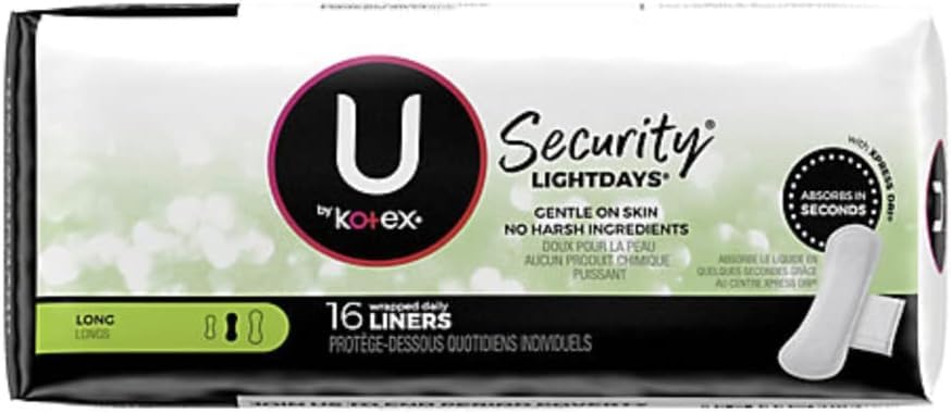 Kotex Natural Balance liner long box six-pack display highlighting extended coverage.