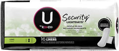 Kotex Natural Balance liner long box six-pack display highlighting extended coverage.