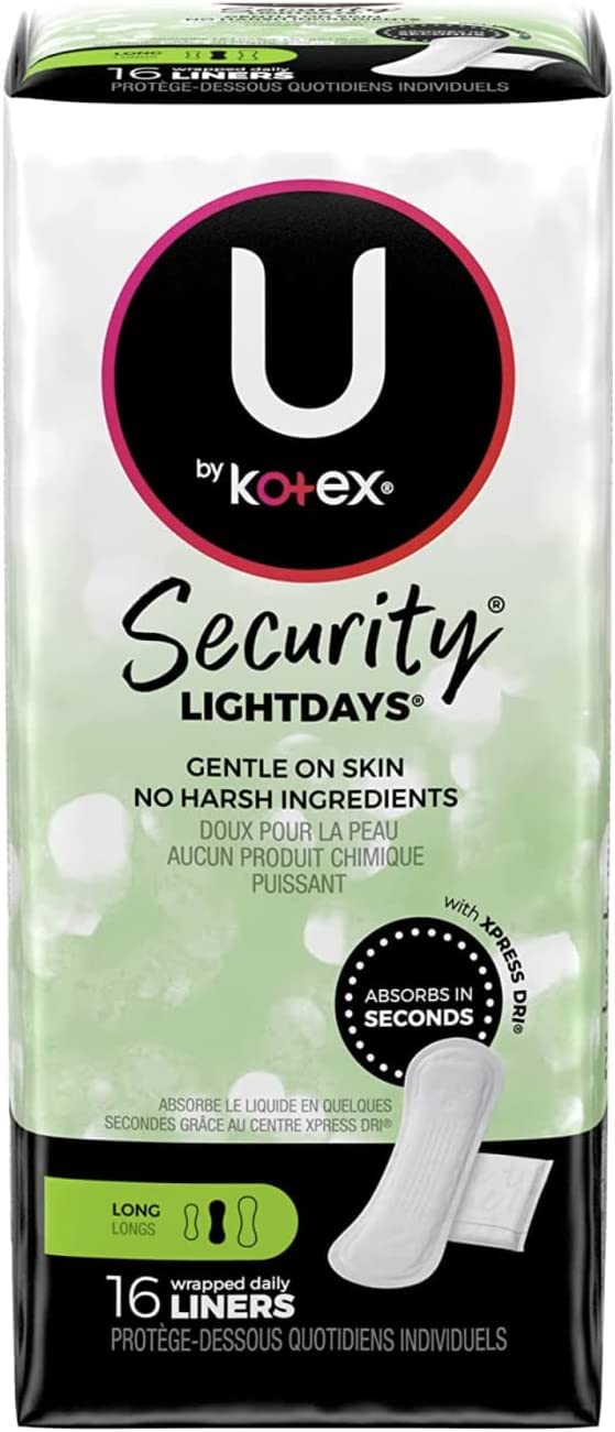 Kotex Natural Balance liner long packaging view shows value-packed six-pack.
