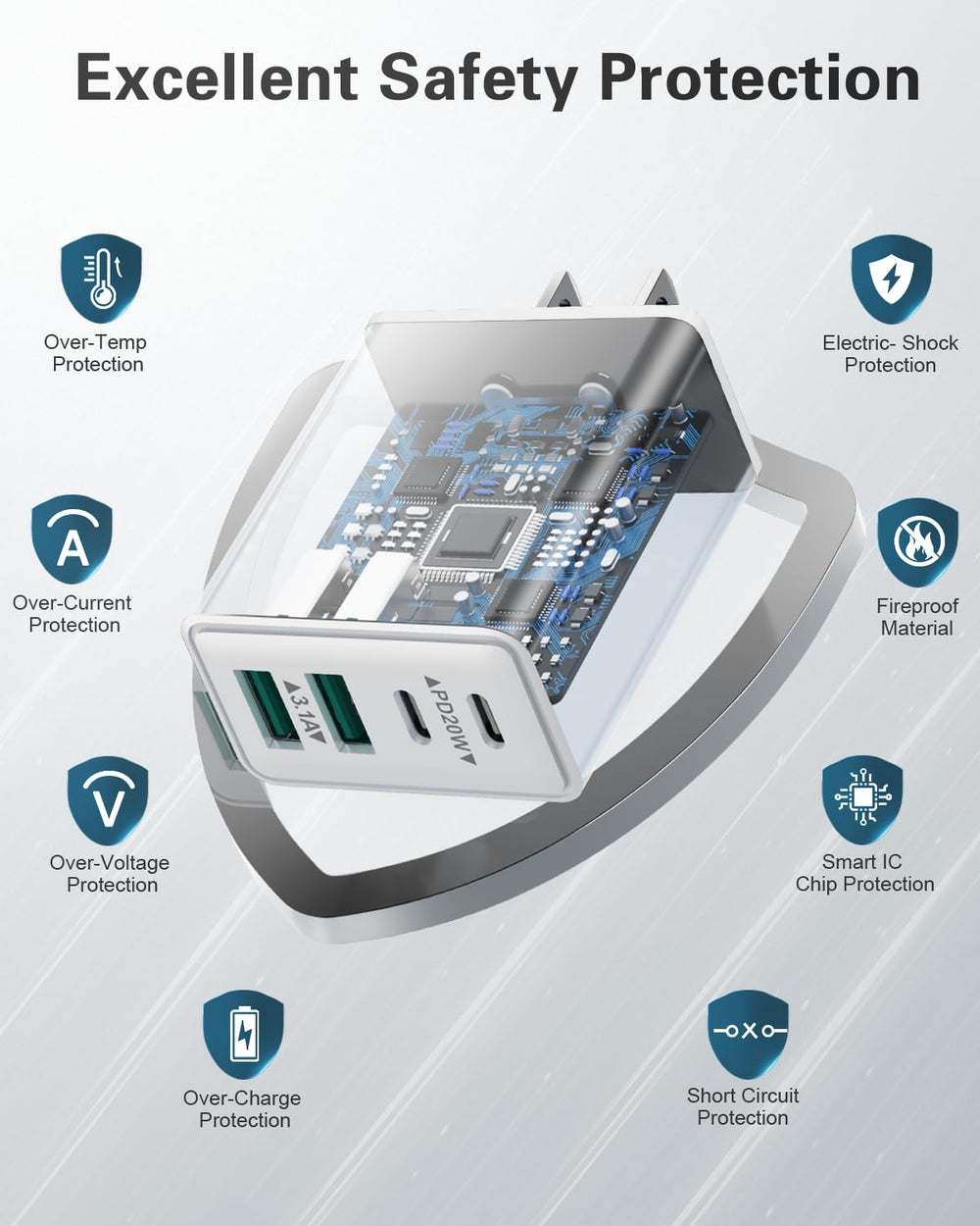 KOUEMGI 40W four-port charger block with dual USB-C and USB-A ports for multitasking.