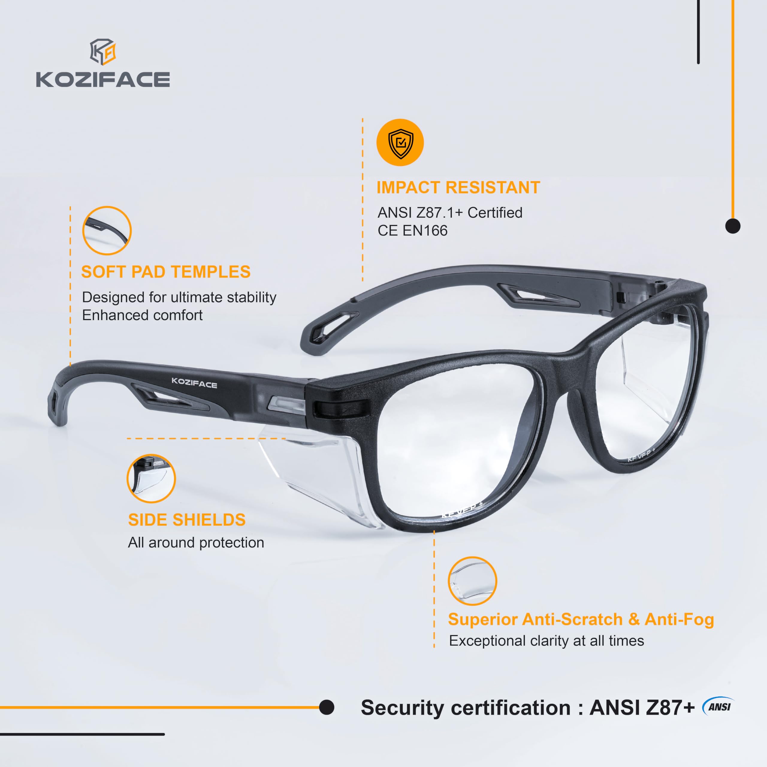 KOZIFACE E52 side shields extend protection from debris and splashes.