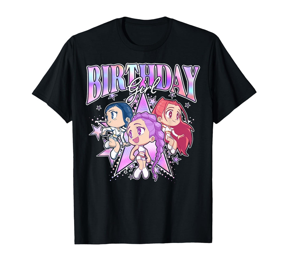 KPop Demon Hunters Birthday Girl Adorable Chibi Group Shot T-Shirt for daily wear and concert-ready fandom style
