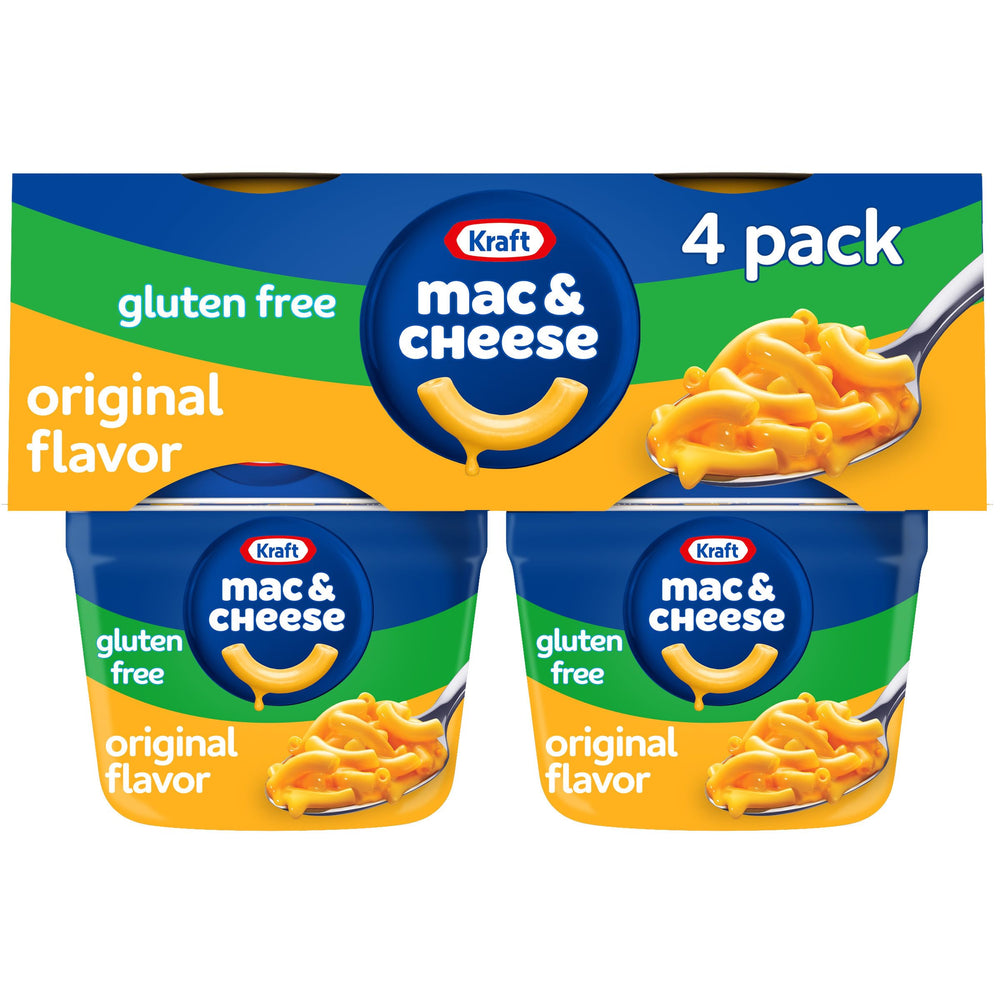 Kraft Gluten Free Mac and Cheese Cups packaging highlights convenient single-serve portions.