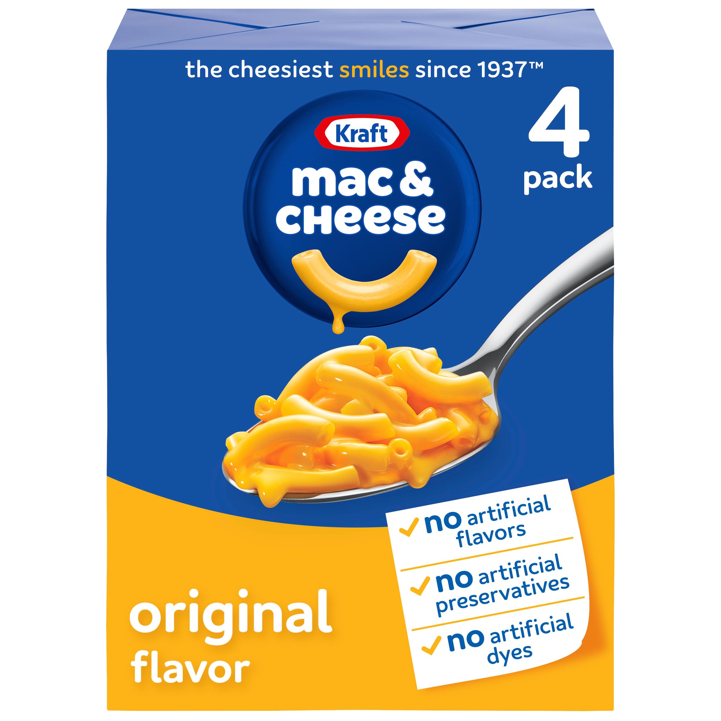 Kraft Mac and Cheese box front with four boxes for quick family dinners.