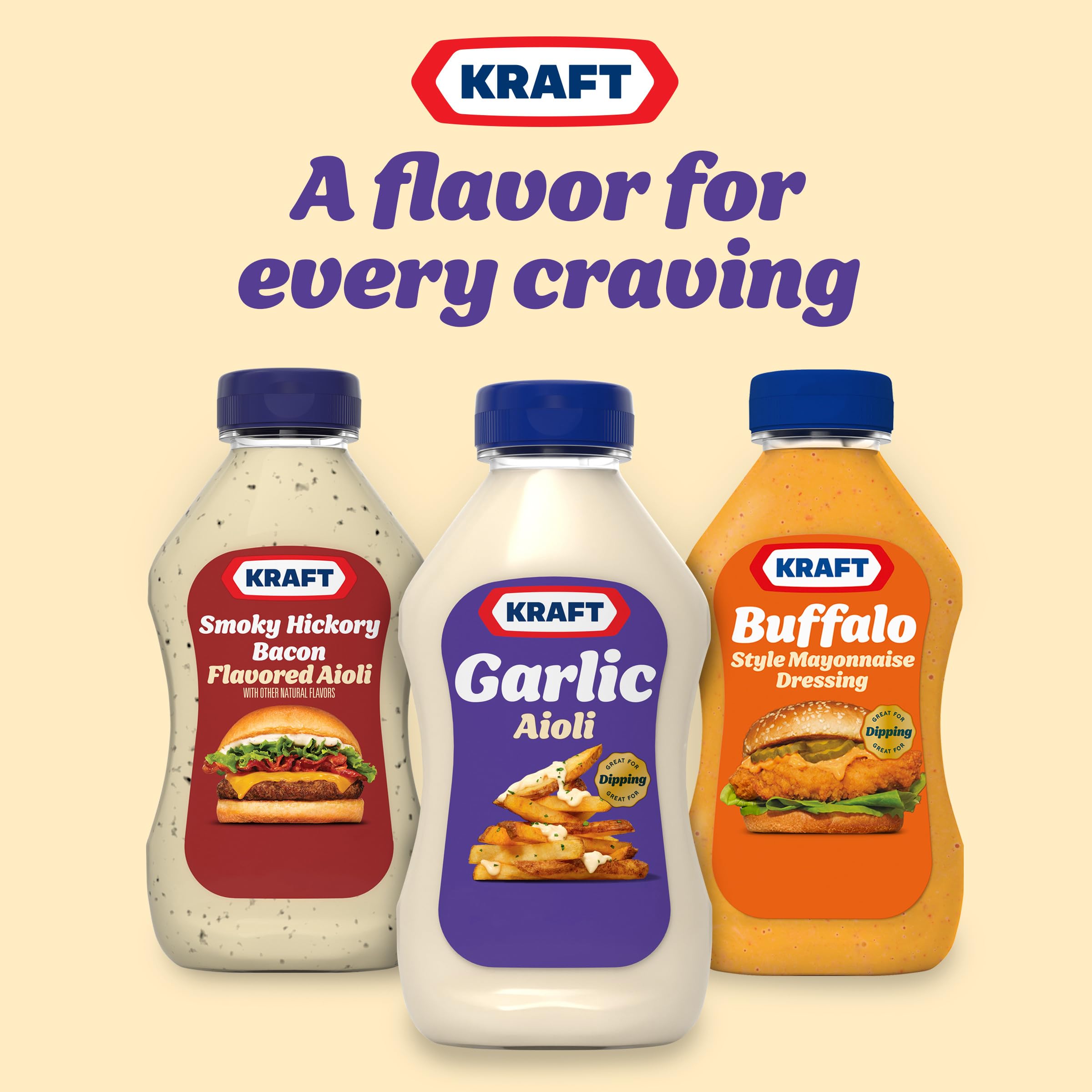Label detail on Kraft Garlic Aioli bottle highlights ingredients.