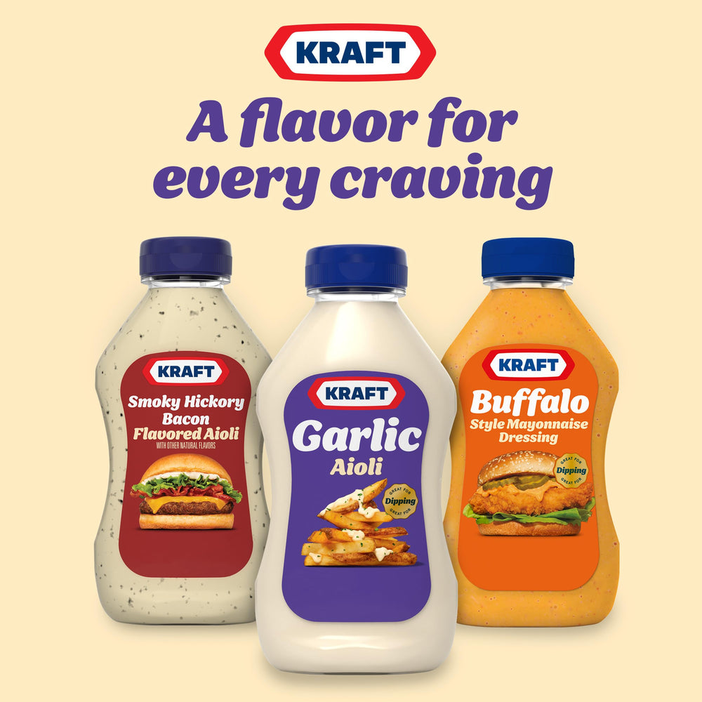 Label detail on Kraft Garlic Aioli bottle highlights ingredients.