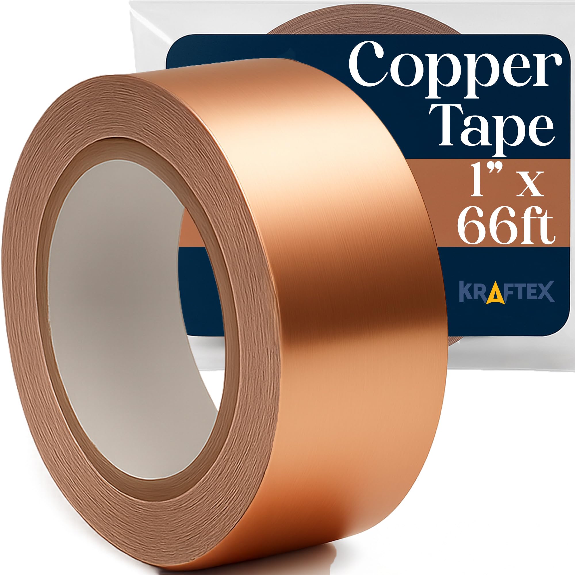 Kraftex copper tape 1in 66ft roll for EMI shielding and stained glass projects.