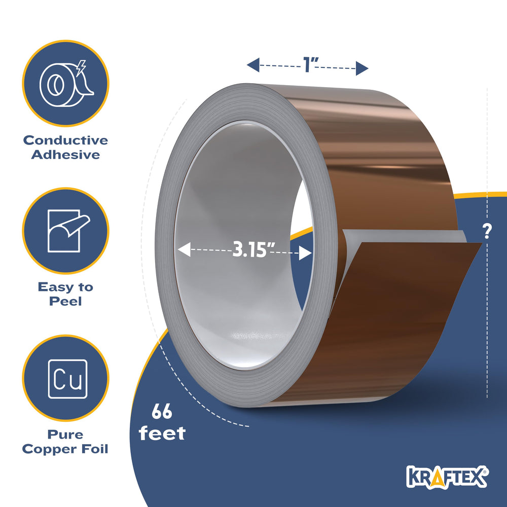 Kraftex copper tape adhesive side exposed on a roll for easy application.