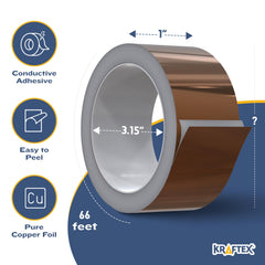 Kraftex copper tape adhesive side exposed on a roll for easy application.