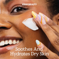 Fragrance-free KraveBeauty label emphasizing gentle hydration for sensitive skin