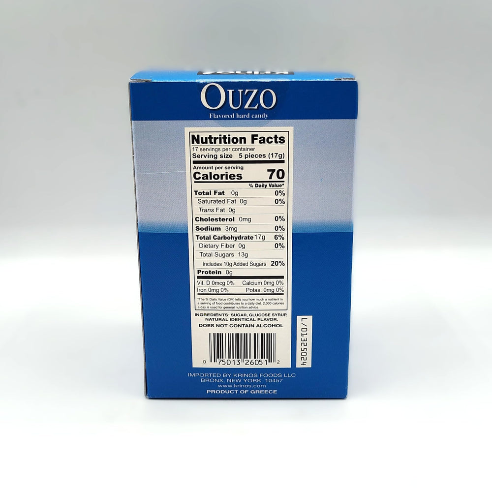 Krinos Ouzo Candy licorice-detail close-up highlights glossy candy and flavor hints.