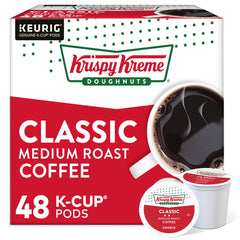 Krispy Kreme doughnuts paired with a coffee pod for quick weekday mornings.