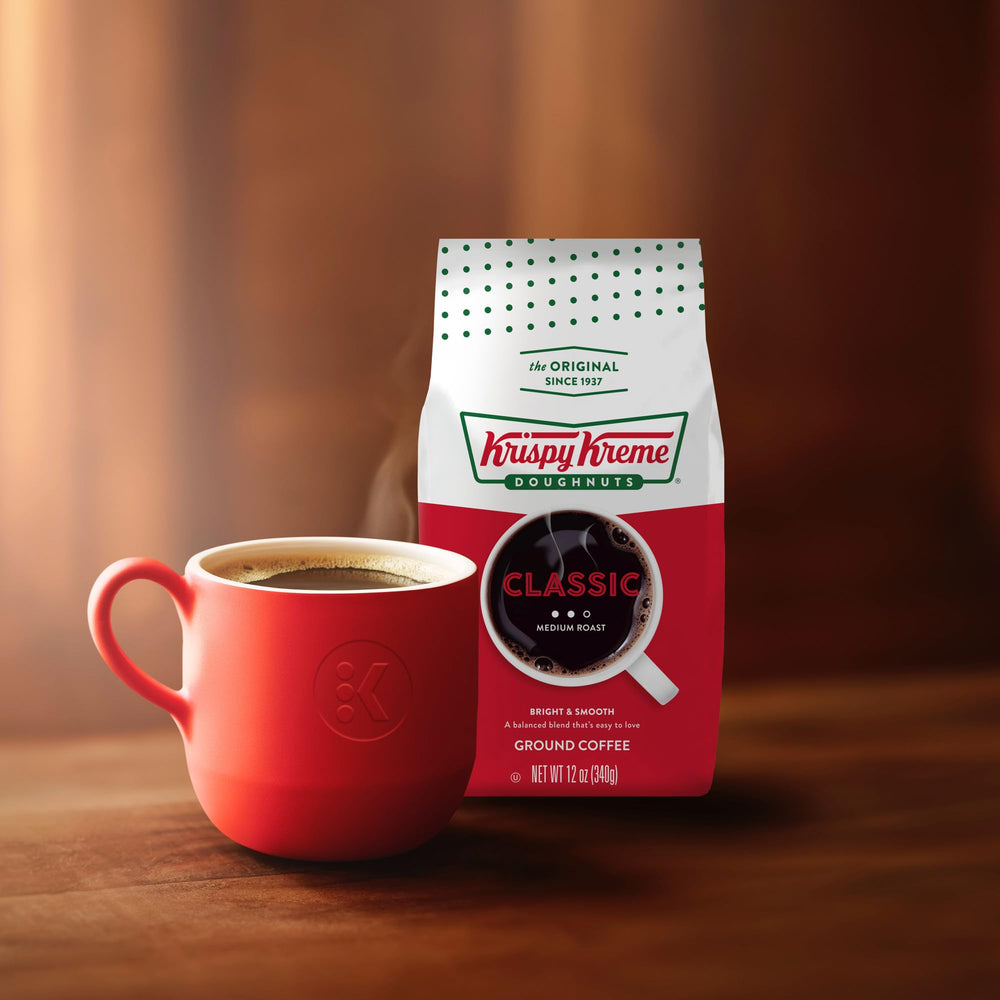 Cozy kitchen scene with Krispy Kreme Classic blend aroma.