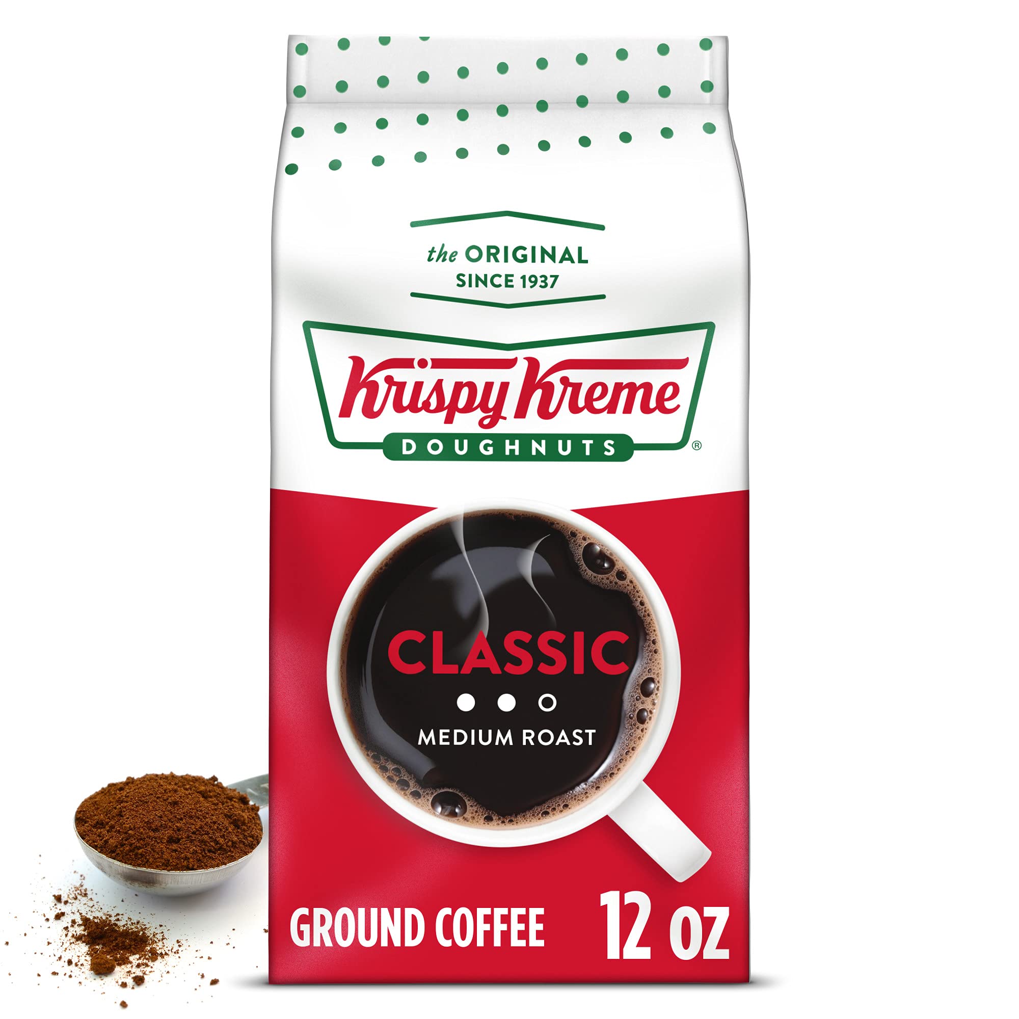 Krispy Kreme Classic coffee bag with steaming mug for a bright morning.