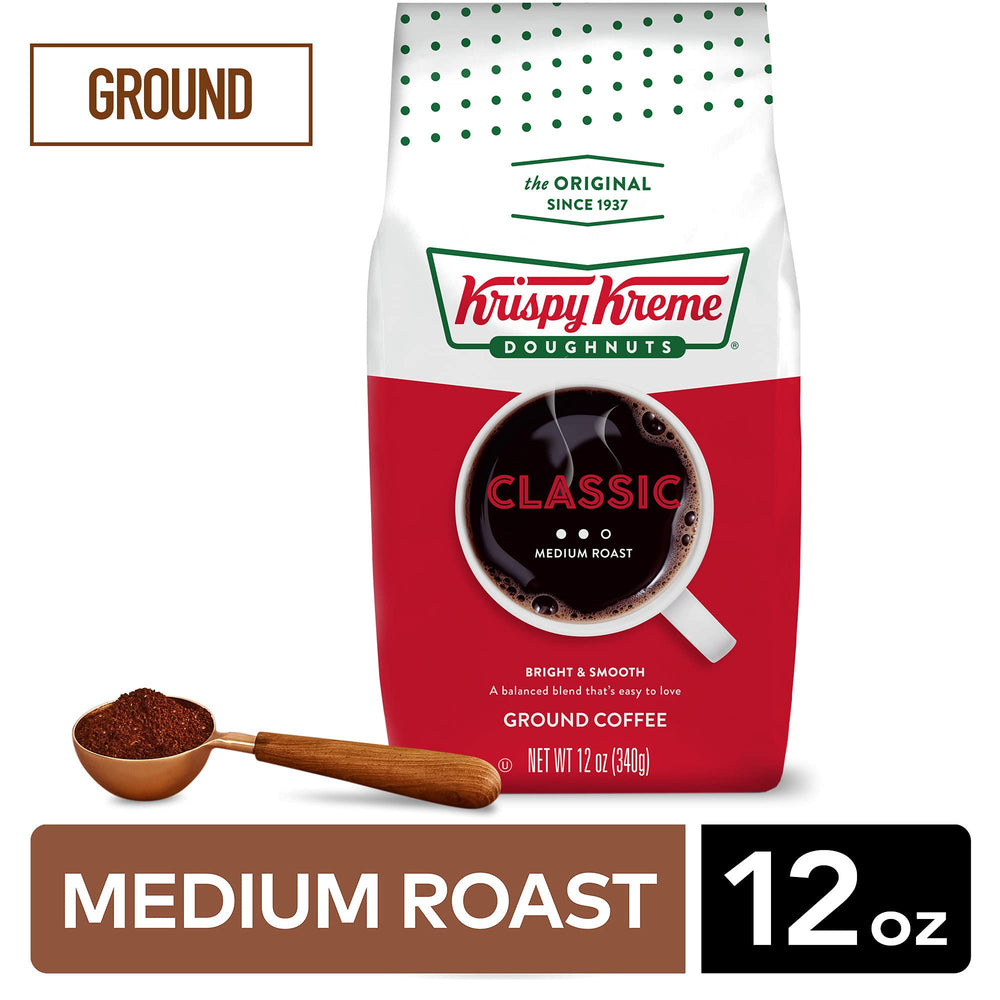 Steaming mug beside Krispy Kreme Classic coffee to highlight aroma.