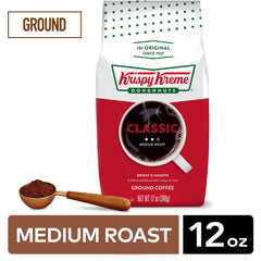 Steaming mug beside Krispy Kreme Classic coffee to highlight aroma.