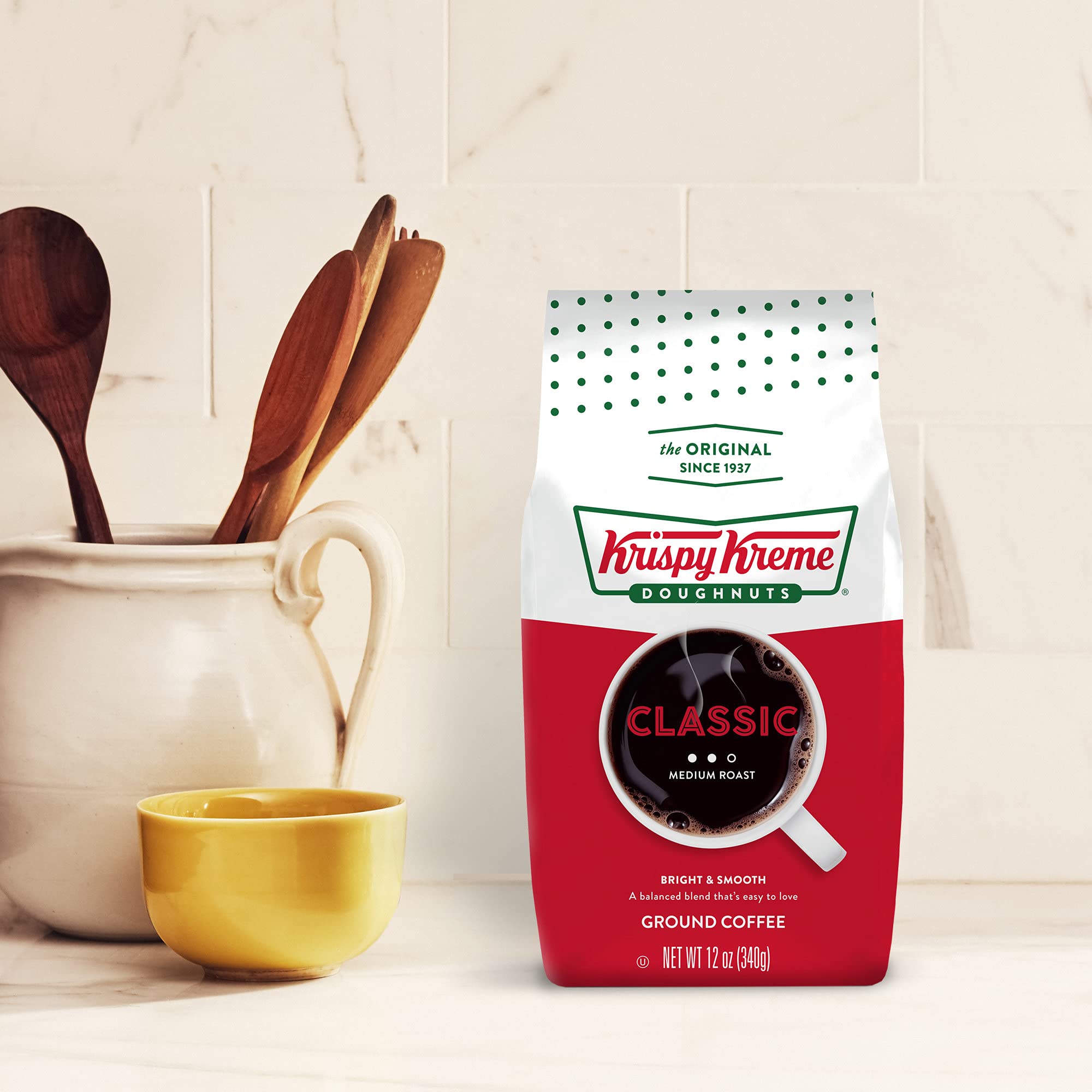 Close-up of Krispy Kreme Classic label on coffee bag.