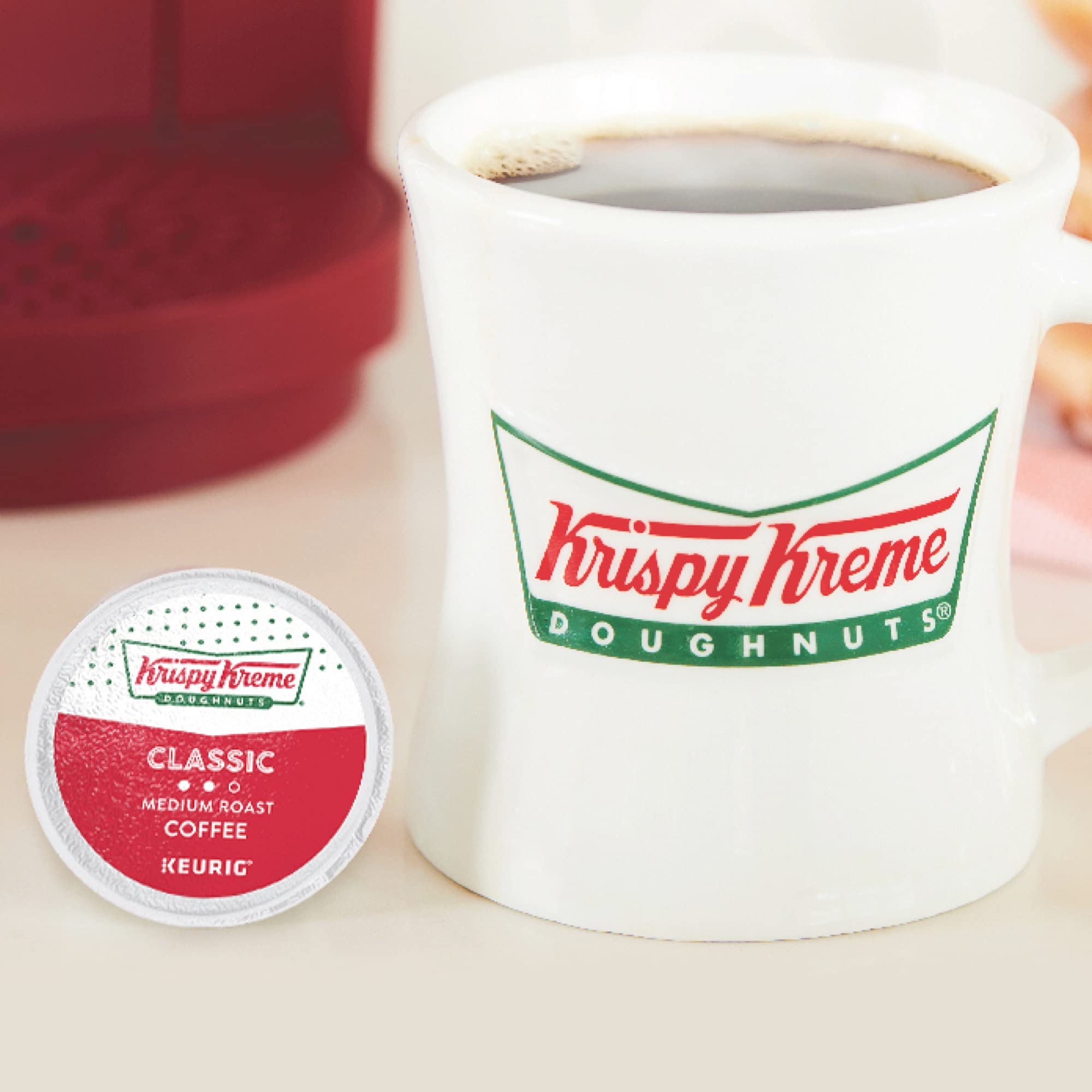 Krispy Kreme Keurig brewing pod ready for busy mornings.