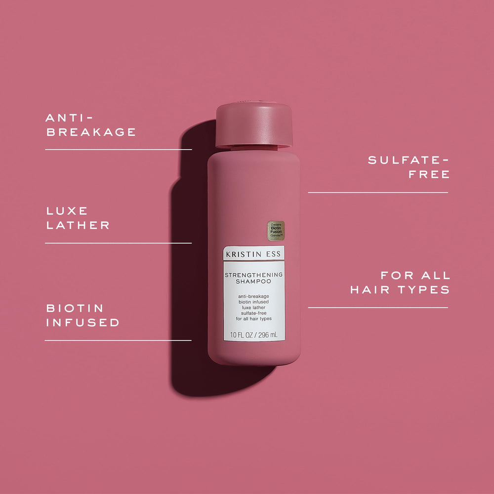 Back label focus on biotin ingredient in Kristin Ess Biotin Shampoo