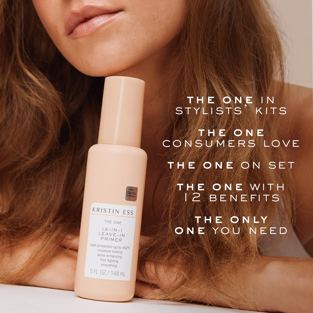 Close-up of Kristin Ess bottle with 12-in-1 label.
