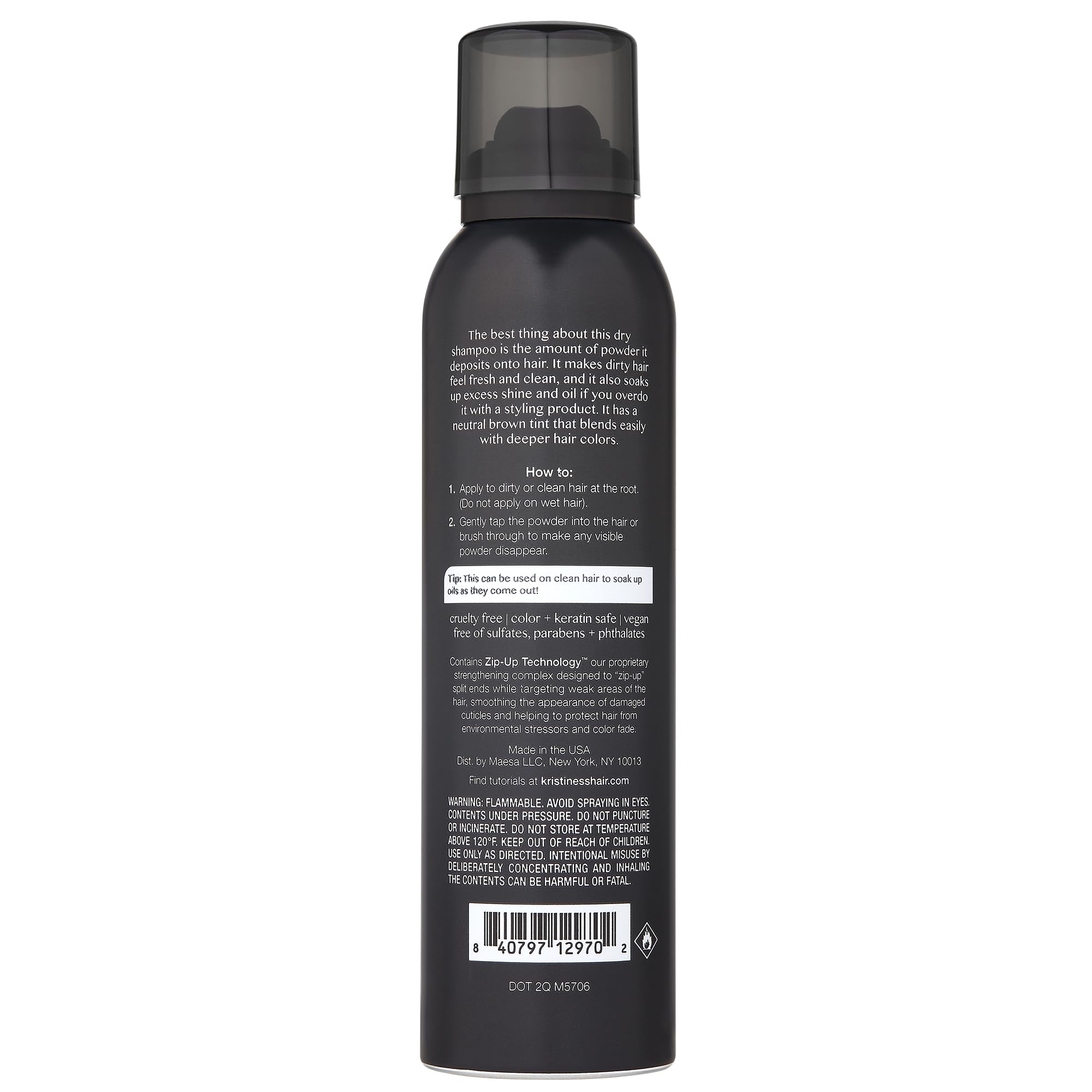 Kristin Ess Brunette Dry Shampoo application on hair without chalky residue.