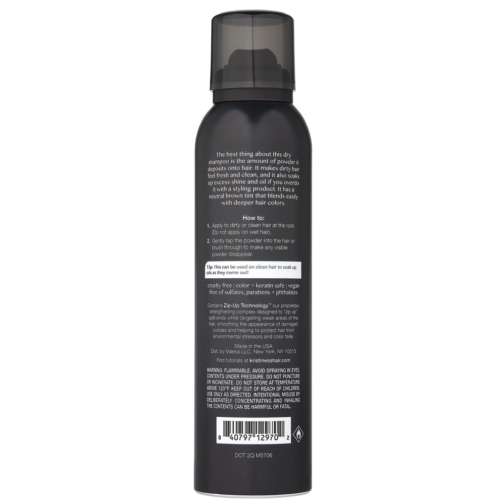 Kristin Ess Brunette Dry Shampoo application on hair without chalky residue.
