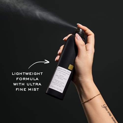 Ultra-fine mist shown for even heat protection on dry hair.