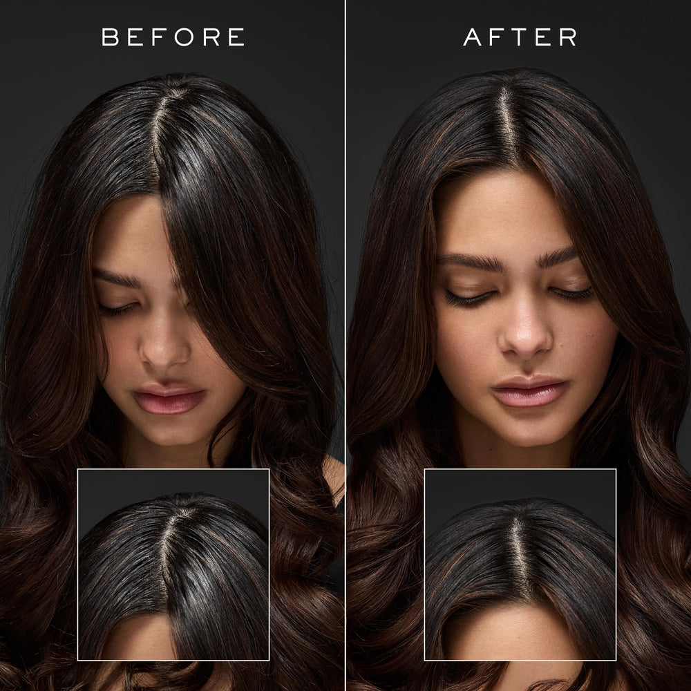 Kristin Ess powder blends into dark hair without white residue