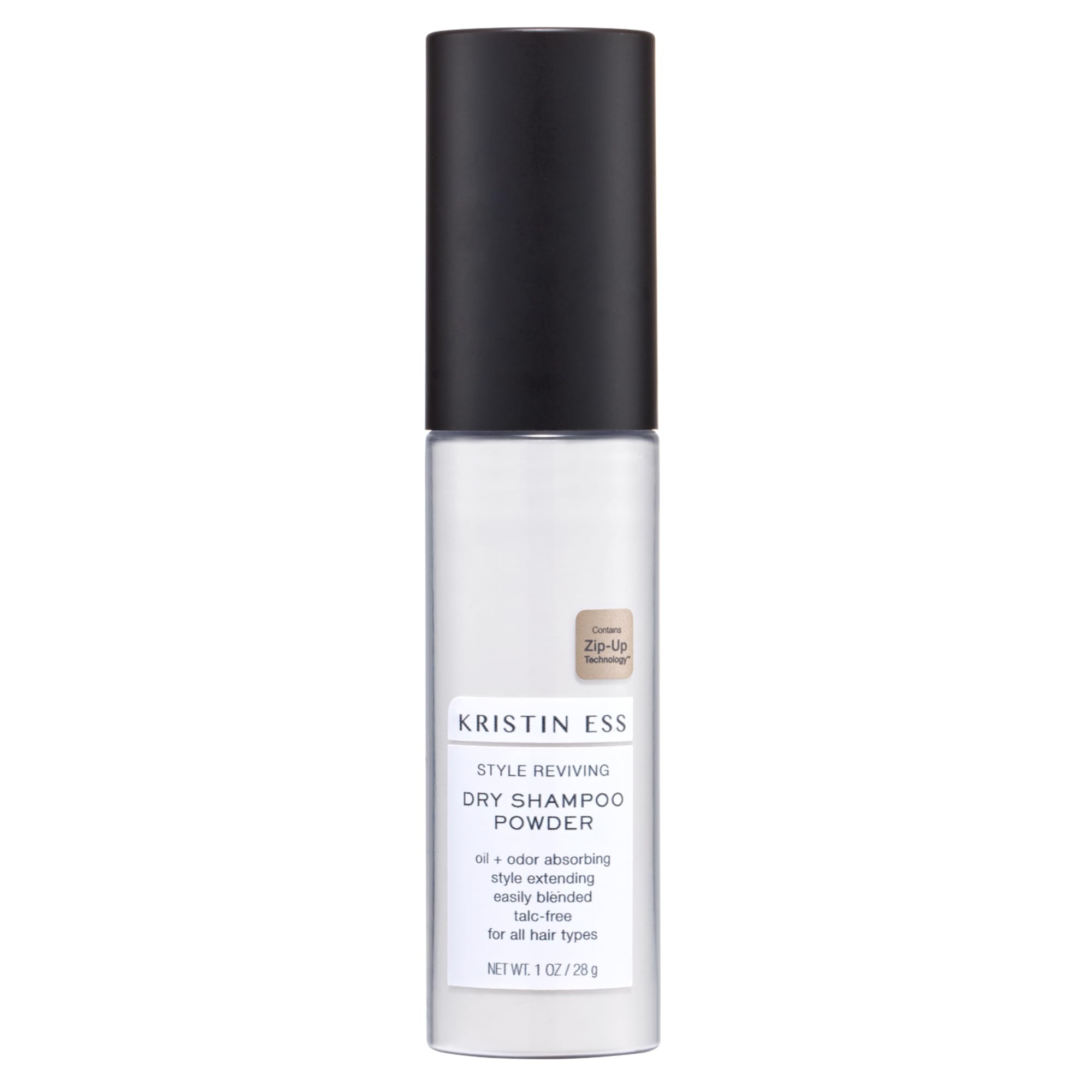 Kristin Ess travel size dry shampoo powder pump in use for on the go oil absorption