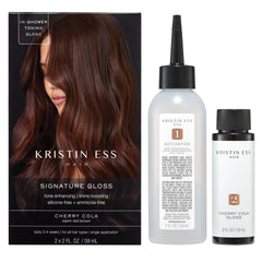 Kristin Ess Hair Gloss Cherry Cola applied glow adds warmth and shine.