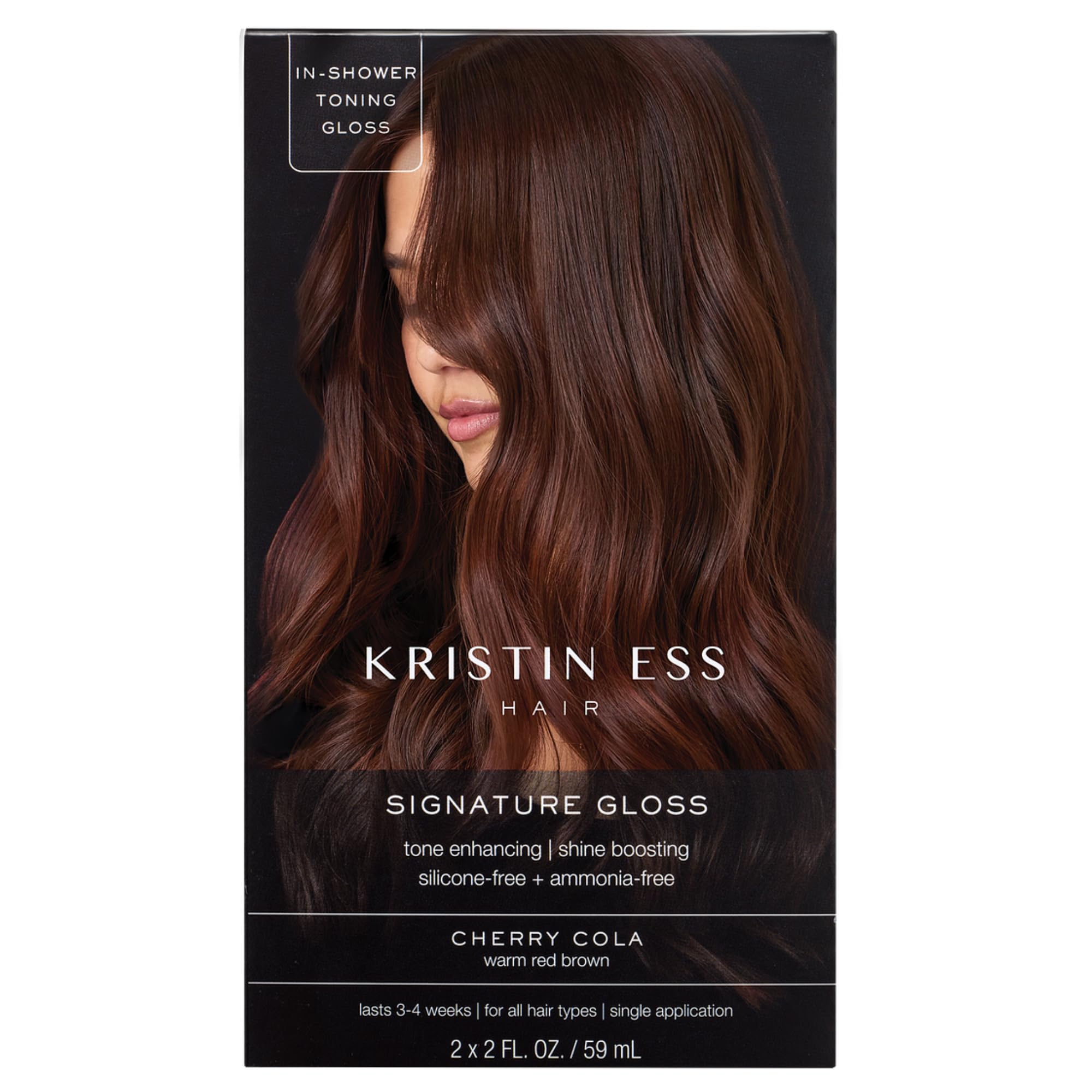 Kristin Ess Hair Gloss Cherry Cola bottle pour enhances color depth and vibrancy.
