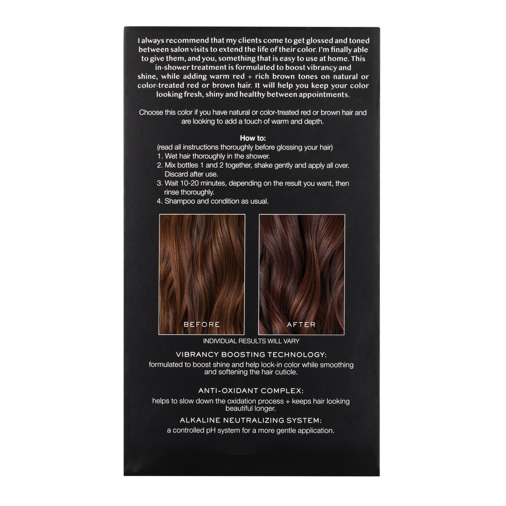Kristin Ess Hair Gloss Cherry Cola color deposit deepens warm red-brown shade.