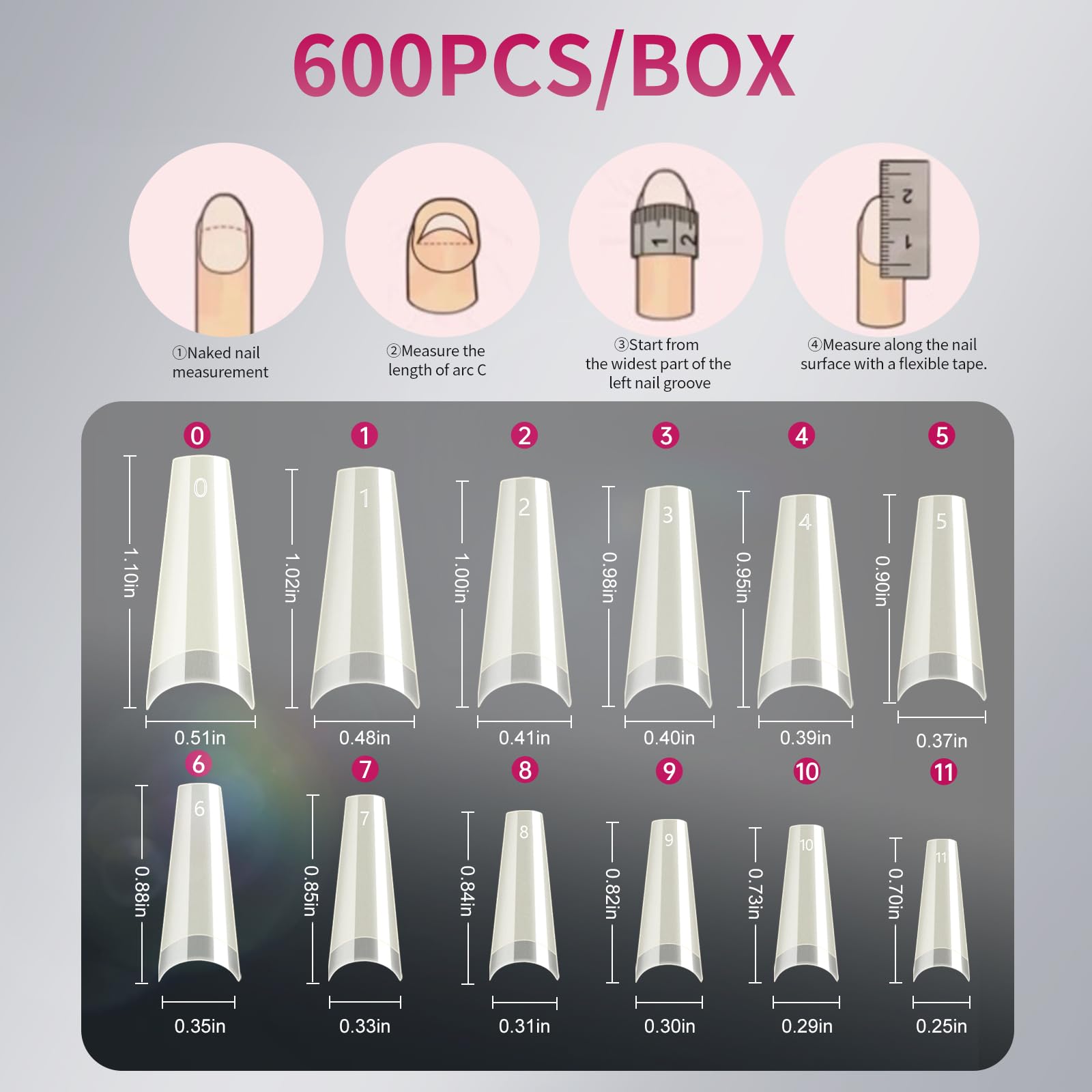 Krofaue 600-piece nail tips set showing 12 sizes for a perfect fit