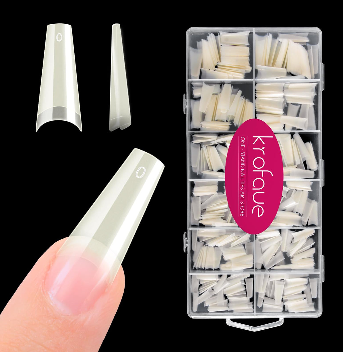 Krofaue natural acrylic nail tips square in box for precise salon sizing