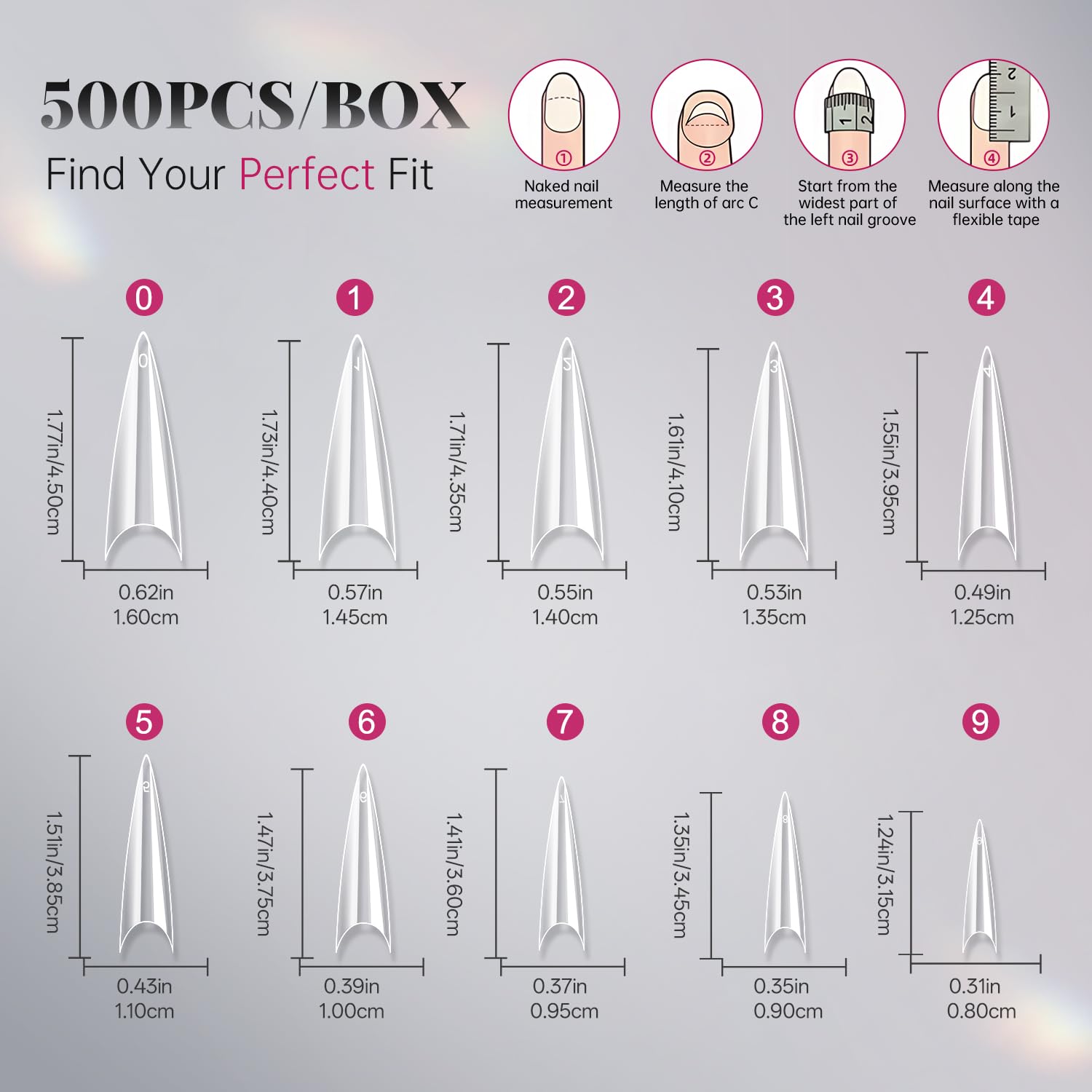 krofaue ten-sizes assortment with size labels, quick fitting for accurate DIY nail tips