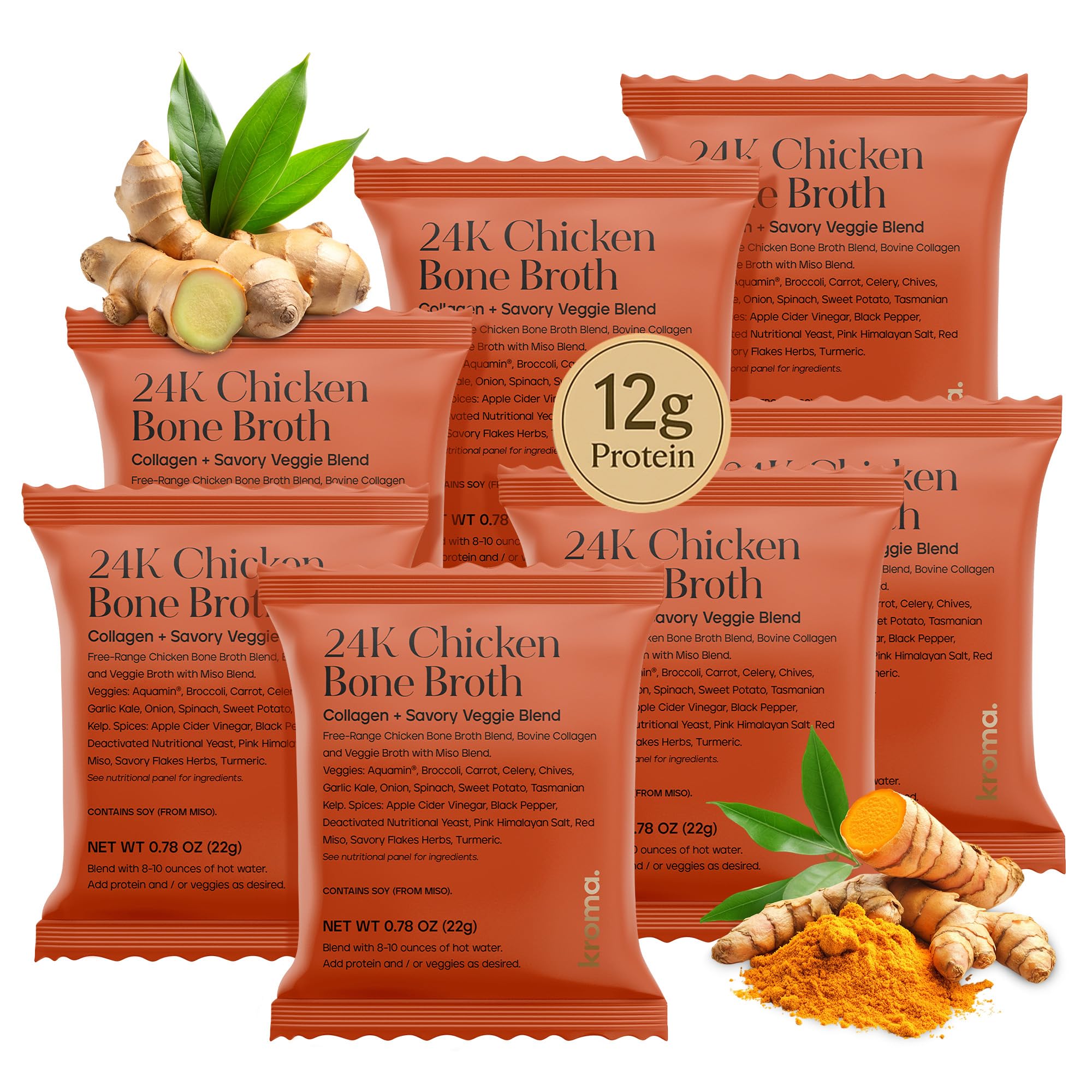 Kroma 24K chicken bone broth powder 7-pack packaging front, protein-rich daily sip.