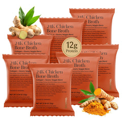 Kroma 24K chicken bone broth powder 7-pack packaging front, protein-rich daily sip.