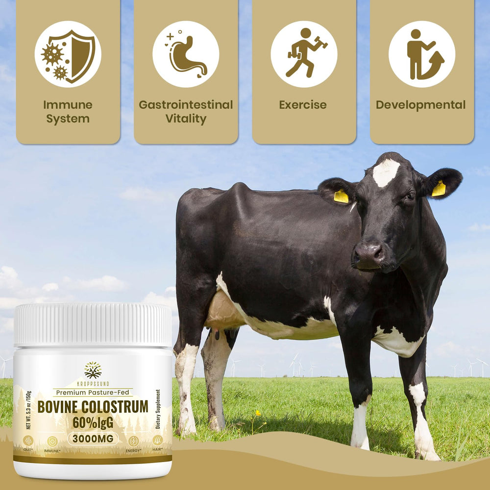 Kroppssund bovine colostrum powder scoop enabling precise daily dosing for consistency.