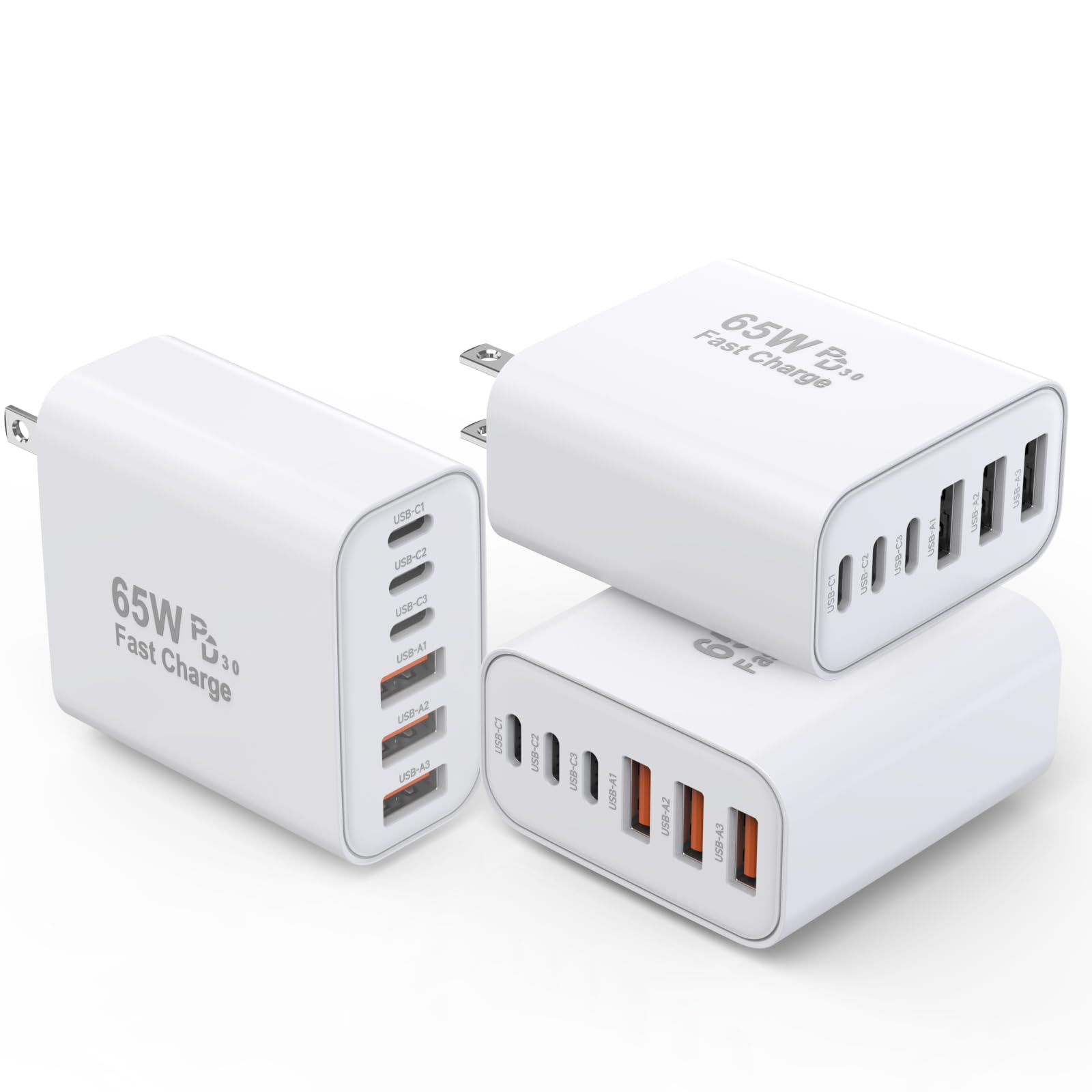 Kruidvat 3-pack 65W GaN charger front view powering multiple devices efficiently.