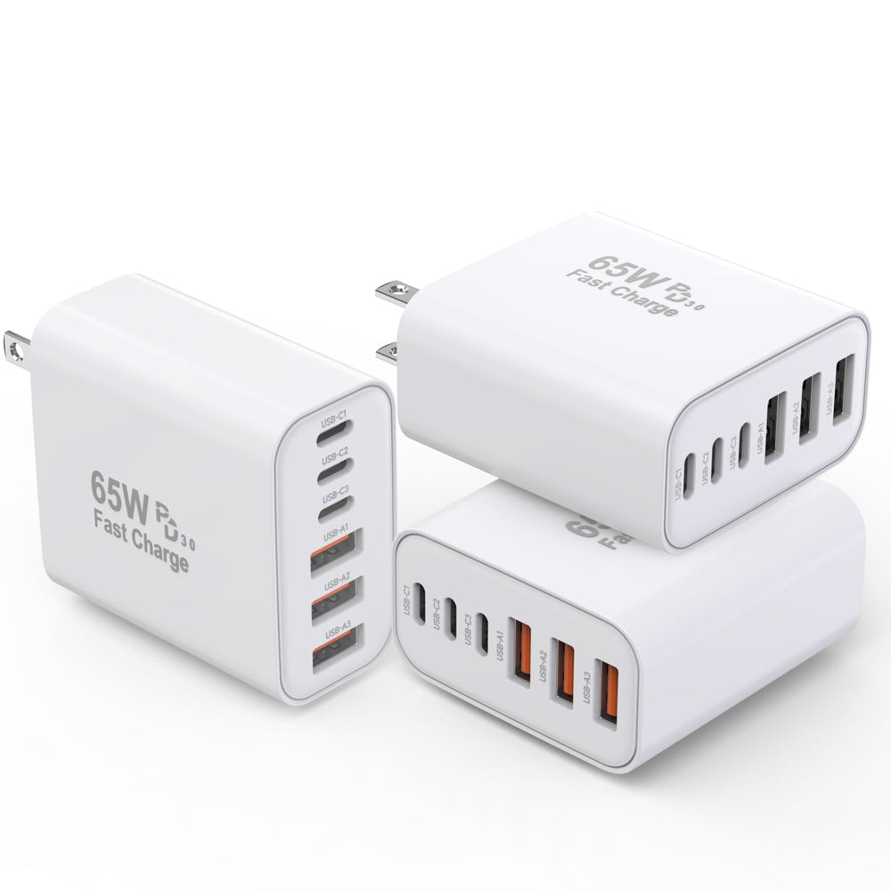 Kruidvat 3-pack 65W GaN charger front view powering multiple devices efficiently.