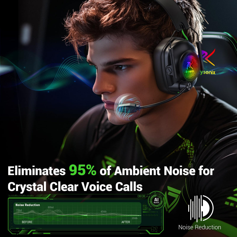 Krysenix headset emphasizing up to 50 hours battery with RGB off for endurance.